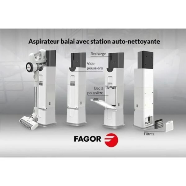 Aspirateur balai 2 en 1 sans fil - FAGOR FG6415 - 300W - Avec base auto nettoyante - Tube Flexible - 3 vitesses - Autonomie 60 min – Image 3