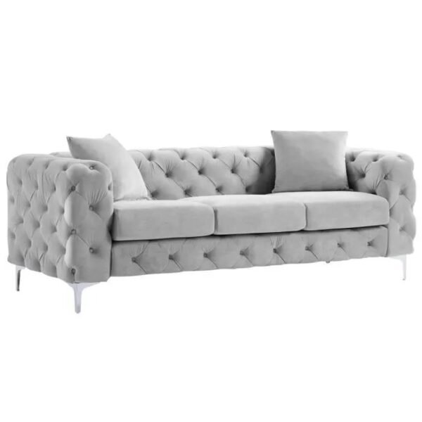 Canapé 3 places chesterfield en velours gris clair EDWINA – Image 2