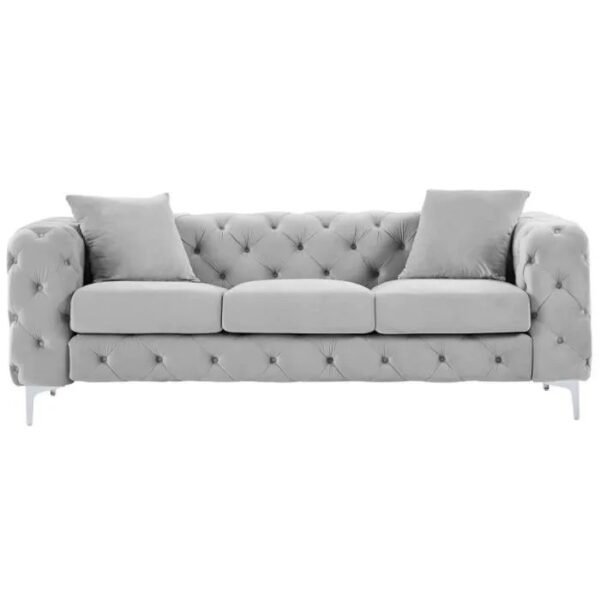 Canapé 3 places chesterfield en velours gris clair EDWINA