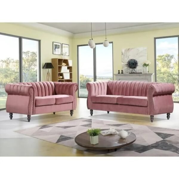 Canapés chesterfield 3 places et 2 places en velours vieux rose TRUMBO – Image 6