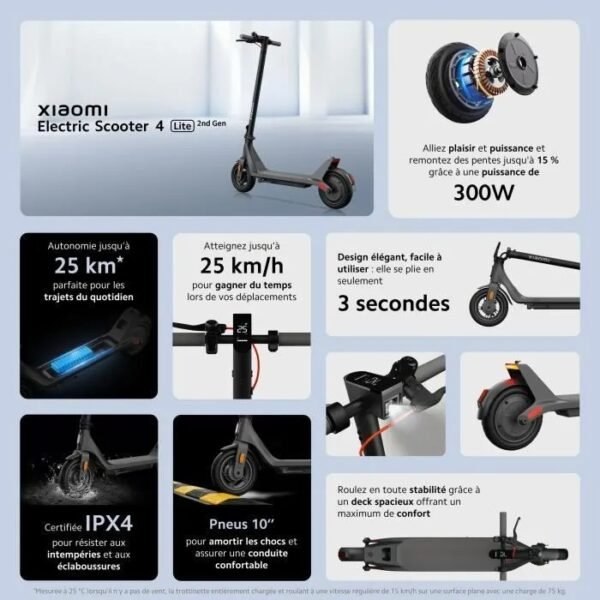Trottinette électrique - XIAOMI - Electric Scooter 4 Lite 2nd Gen - Pneus 10" - 300W Max - 10,4Ah - Autonomie 25km – Image 7